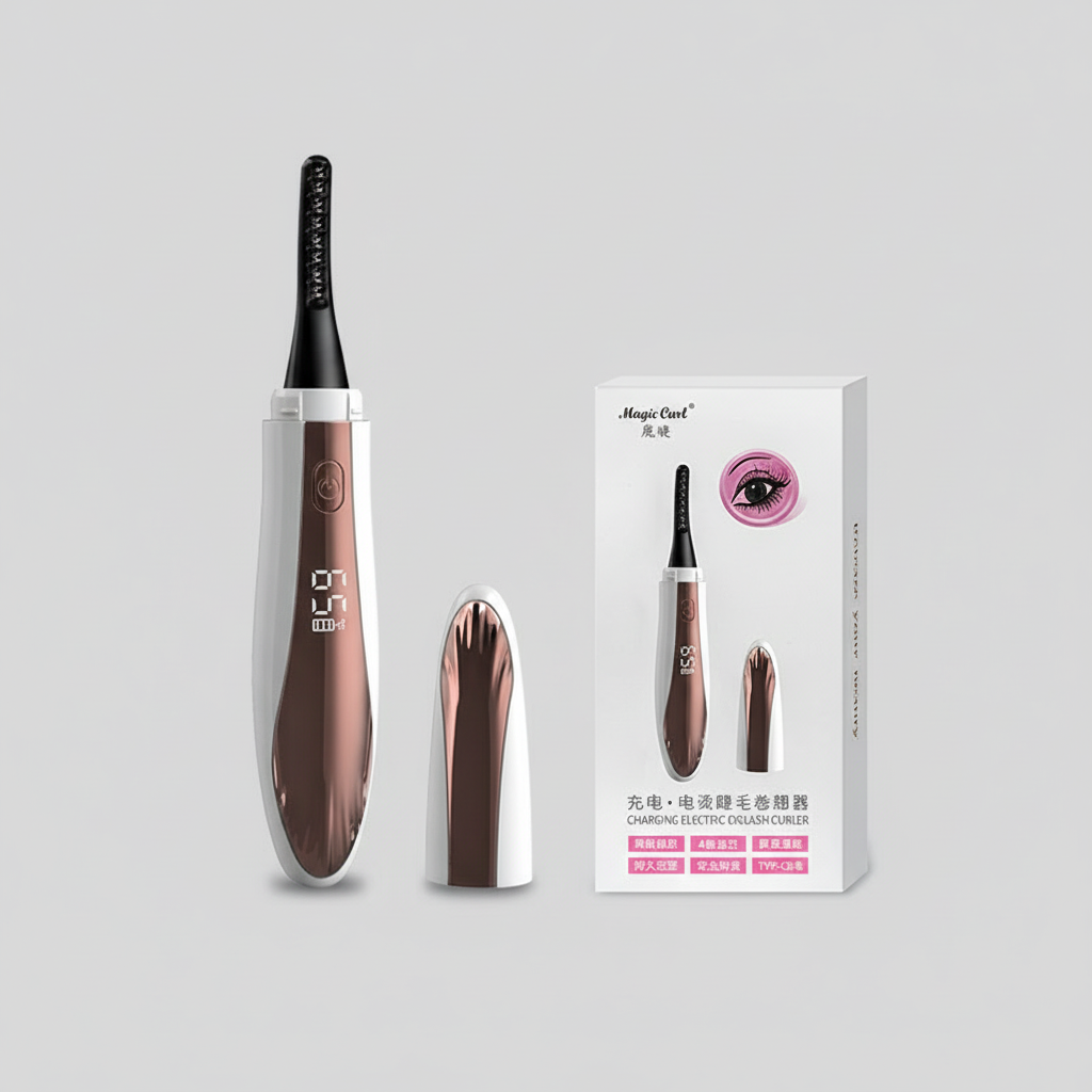 Electric eyelash curler with packaging on a white background