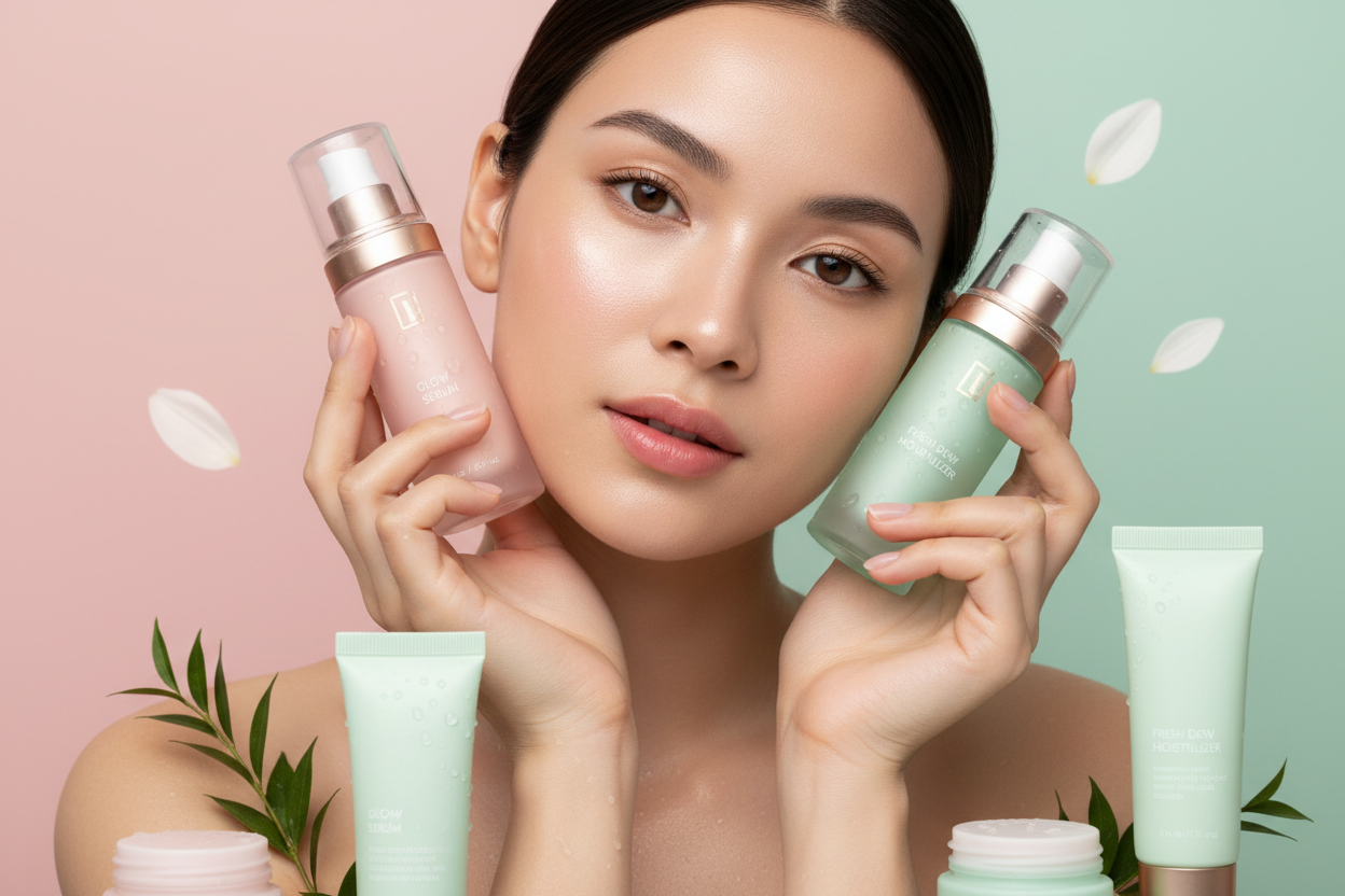 AI Image Prompt:
"Young woman with natural glowing skin showcasing skincare products, 
vibrant pastel background (blush pink and mint green), minimalist modern 
aesthetic, fresh beauty products packaging, lifestyle beauty photography, 
trending cosmetics, close-up product details, soft professional lighting"
