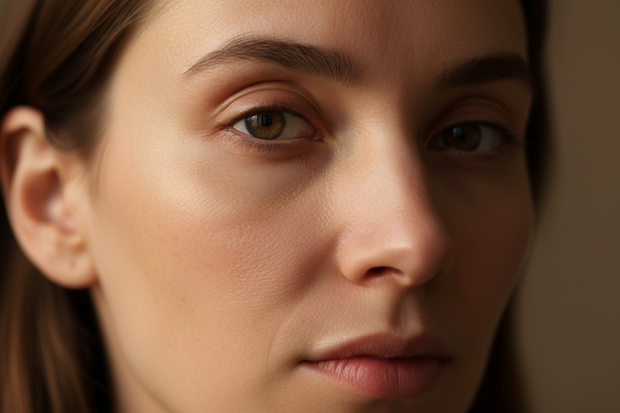 Natural woman face close-up, minimal makeup, visible skin texture,
slight imperfections or dullness, natural lighting, before skincare treatment
