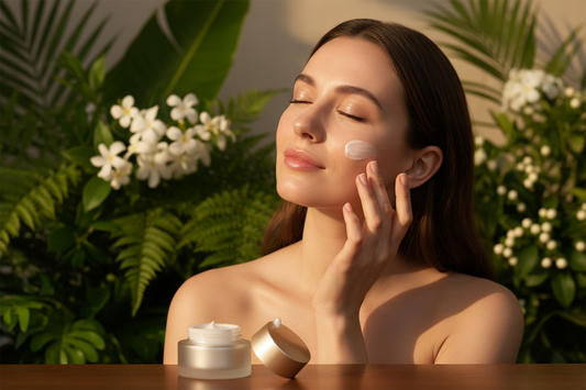 Premium skincare woman applying cream, natural lighting, golden hour,
organic botanical background with green leaves and white flowers,
skincare product shot with droplet, luxury beauty aesthetic
